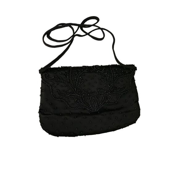 La Regale Vintage Black Satin Beaded Handbag Purse - Picture 7 of 10